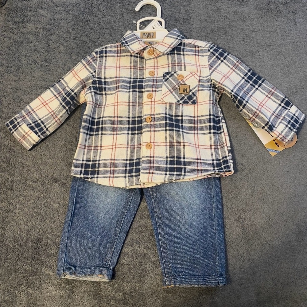 Plaid Shirt and Denim Pants Kids Matching Set